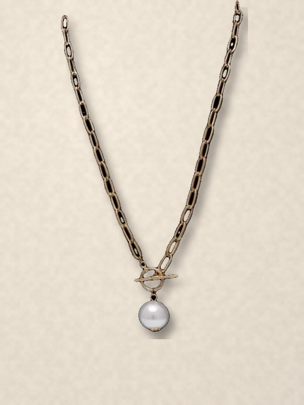 Gold Tone Paperclip Chain Toggle Necklace with Large Faux Pearl Drop, 20 in NWT